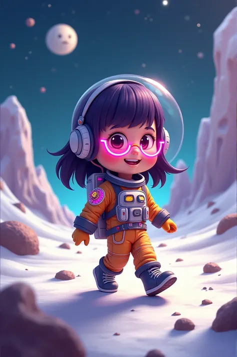 **character 1: BiaBlox **
- Skin :  Dark brunette outfit
- Age :  s
- Eyes :  Bright brown
- :  Yes
- Hair :   medium size smooth and long  ,  purple glasses with pink highlights 
- : Pixar/Disney,  cartoon
- :  Astronaut style colorful lots of details 
- ...