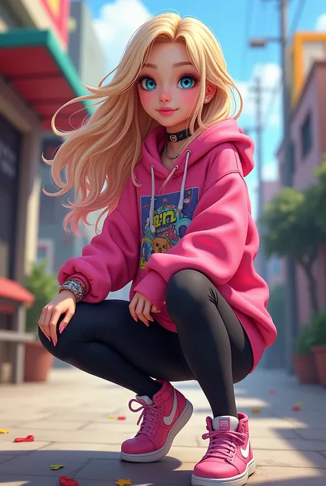 An 19 year old girl that has long blonde hair with pink streaks and bright blue eyes. She is petite, 52, and loves to wear pink and black, usually as leggings, oversized graphic hoodies, and comfortable pink sneakers. She loves having her nails painted and...