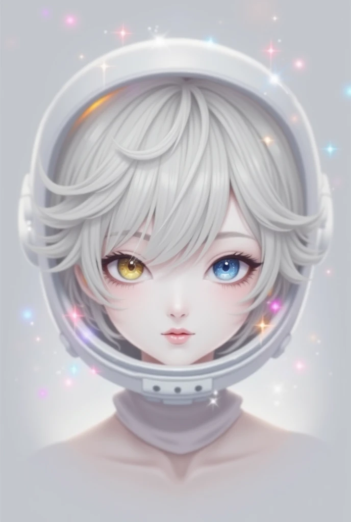  Close-up of an improved masterpiece:1.5)0.9], (Space and astronauts:1.2) ( Messy silver hair :1.1) (heterochromia:  xanthochromia and blue eyes :1.2) (Space helmet:1.0) ( Colored stars in the eyes:1.0) (A radiant glow:1.1) ( Thick lips:0.9)