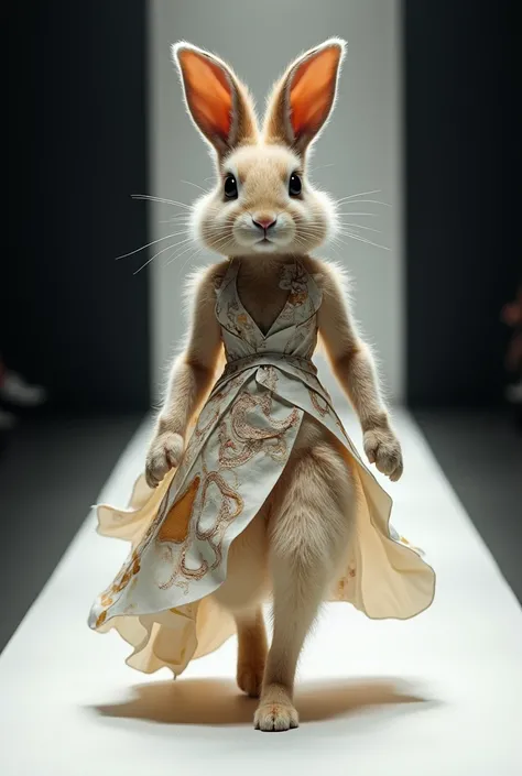 Bunny strutting down catwalk in avant-garde gown.