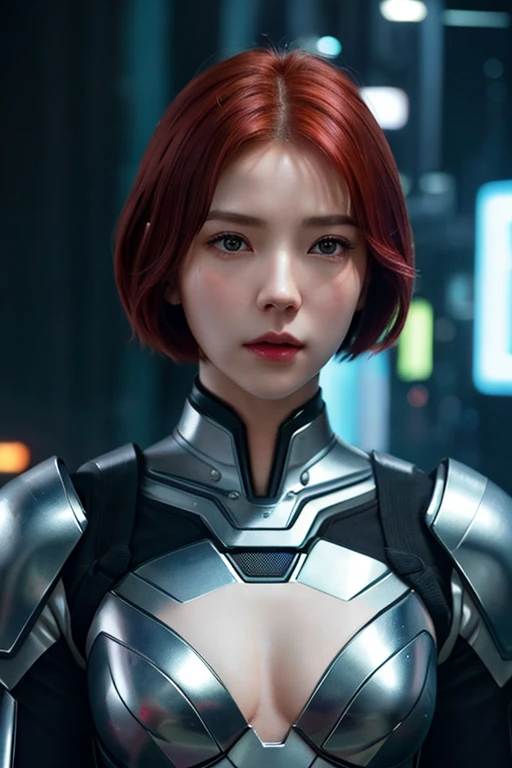  upper body、((REALISTIC PHOTO QUALITY :1.5))、 portrait、 ONE CYBORG GIRL、 beautiful well-groomed face、 cute、babyface、Well-balanced face、 red hair、 shorthair 、 white skin、( slender body )、Petite body、 Toughened Abs、muscle、 cleavage、 small breasts、MECHANICAL ...