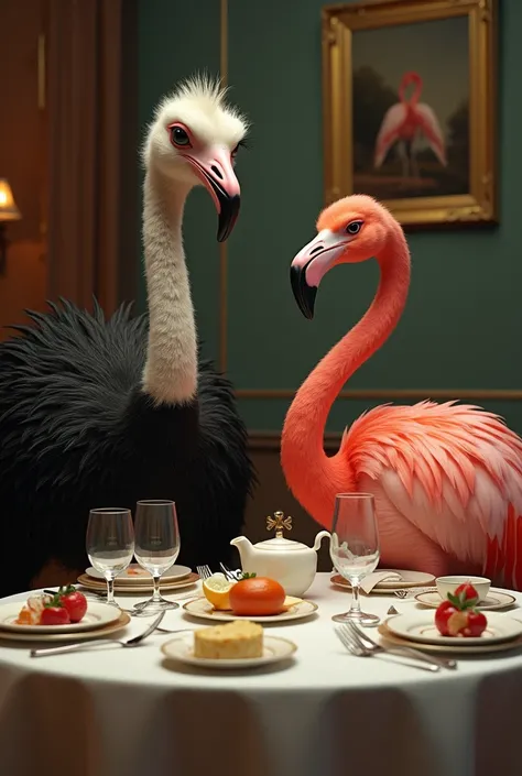 Ostrich and flamingo on the dining table