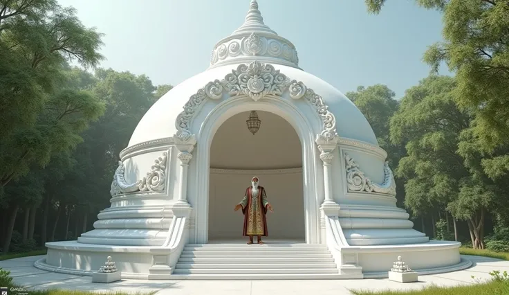 A bubble-shaped white pagoda built in the Sri Lankan style and an ancient king standing in it