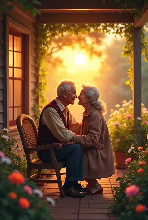  An elderly couple sitting on a porch , hugged,  looking at a golden sunset together.  Their love and peace are evident , with flowers and greenery all around .”