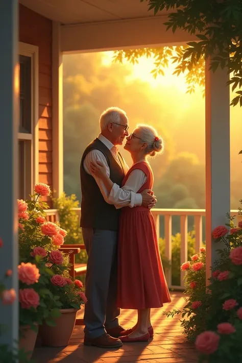  An elderly couple sitting on a porch , hugged,  looking at a golden sunset together.  Their love and peace are evident , with flowers and greenery all around .”