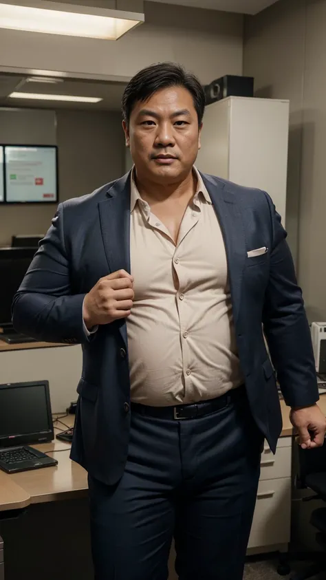 A middle-aged Asian man, chubby and muscular, wearing an unbuttoned suit, in an office setting, looking like a professor with a dadbod, (best quality,highres,ultra-detailed,realistic:1.2), portrait