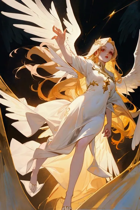 4k detailed, master piece, full body, 1 girl, fallen from the sky reaching out her hand, angel, white big wings, white long hair, 1 golden shining eyes, red lips, pale skin, white dress, beautiful, mesmerizing, painting