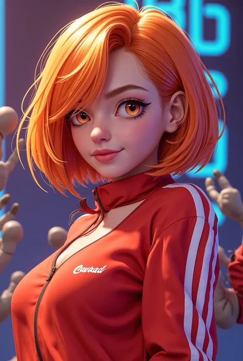 Hair: Bright orange bob with blonde streaks.Features: Cat-like eyes, sharp cheekbones, and a cheeky smirk.Height: 55" (165 cm)Signature Style: Sporty tracksuits, fingerless gloves, and funky sneakers.Performance Signature: High-energy dance solos and fiery...