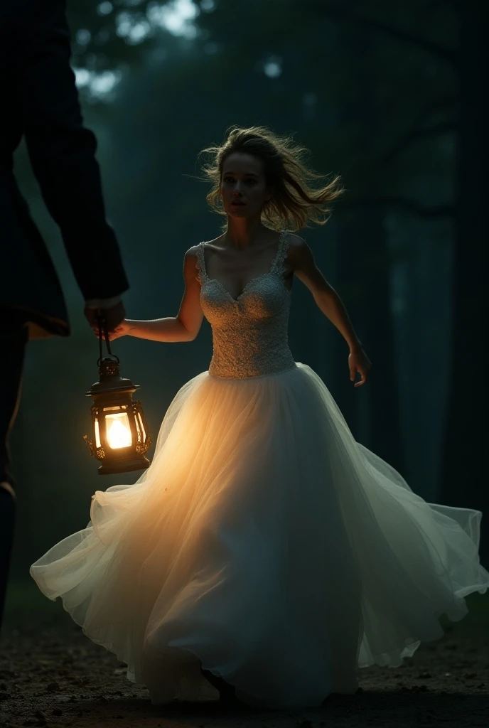 A bride running with a lamp in her left hand after her groom at night