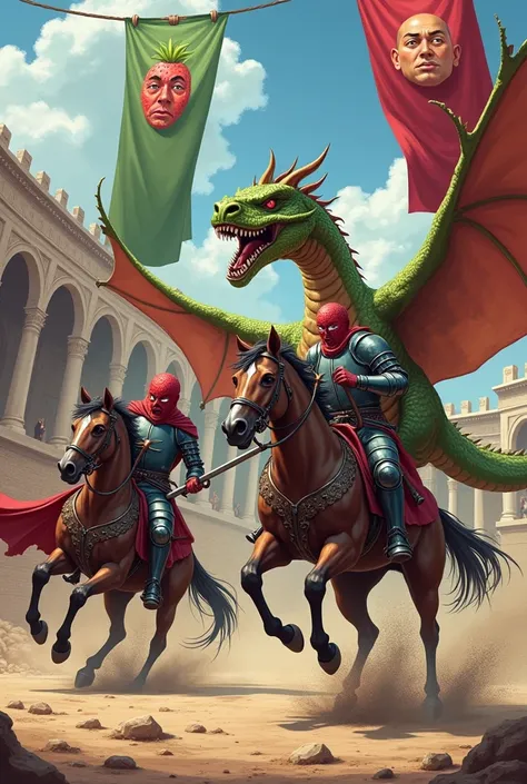 Create an image of a fight scene between two knights in a fighting arena where an angry strawberry faced rider riding a horse fighting another angry guava-faced rider riding a flying dragon, The fight taking place in a Roman arena with two large banners ab...