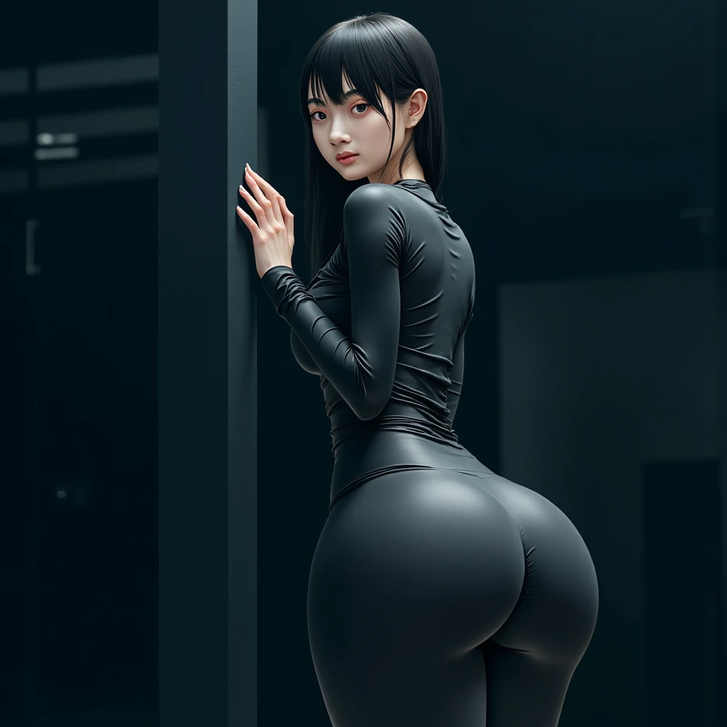 illustration, a beautiful woman wearing latex tight clothes, young goth japanesse girl, Bubble butt, Black long hair