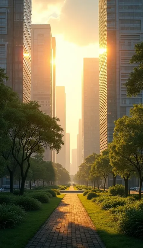 Back photo :
 A view of the tall buildings of a city where the suns rays collide with trees and buildings illuminating the scene. This image will symbolize new opportunities and a bright future.
