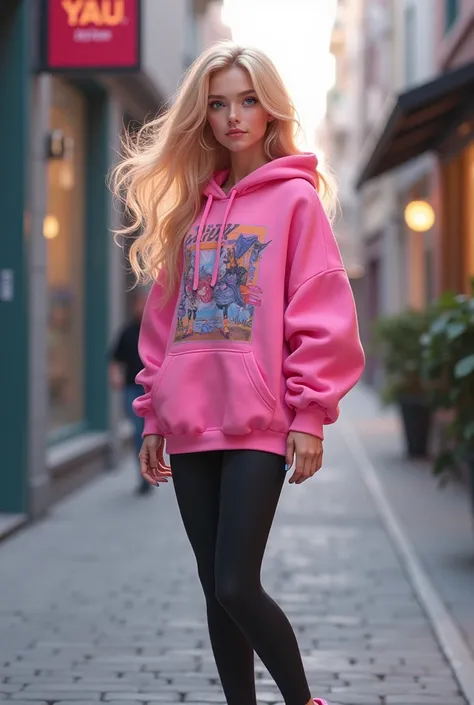 An 19 year old woman that has long blonde hair with pink streaks and bright blue eyes. She is petite, 52, black leggings, oversized pink graphic hoodie, and comfortable pink sneakers. Semi realistic.