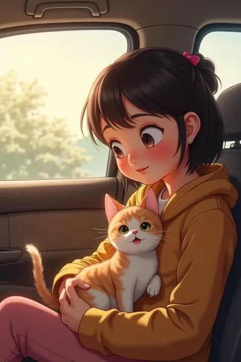 a girl is traveling in the back seat and a kitten that goes with her owner looks at her very tenderly and the girl smiles at her 