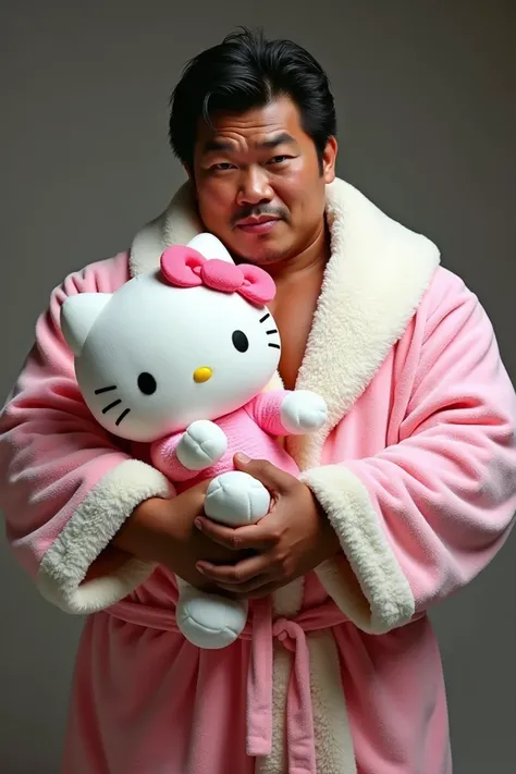 Imagine a huge heavyweight thick body builder actor " don lee" wearing a hello kitty bathrobe and hugging hello kitty doll tightly like a  looking. His personality is like a giant gangster but showing himself pookie and girly also giving kissing pose while...