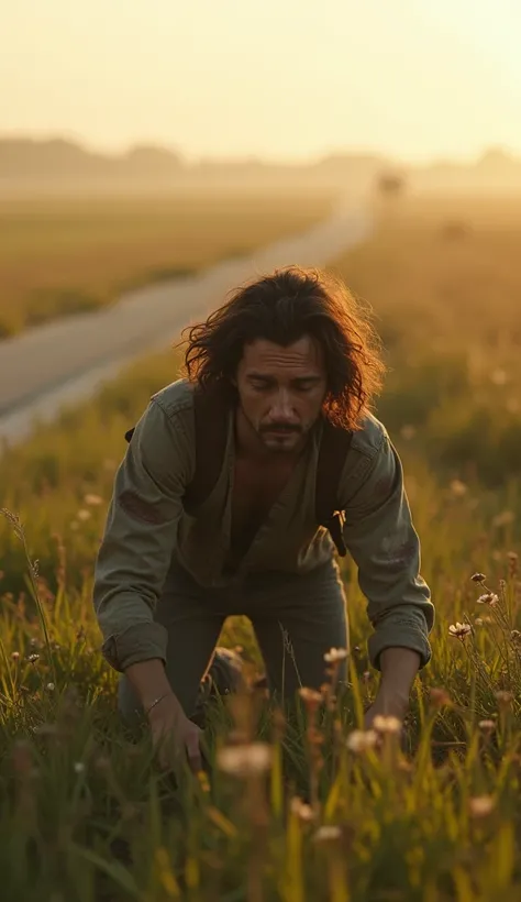 Back photo :
A person who has fallen on the road and is trying to get up, or an open field in which a person is suffering while running, and has a soft morning light in the background.