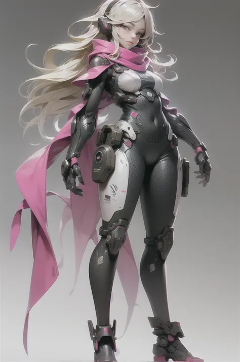 masterpiece, best quality, 1girl, bodysuit, full body , long hair, blonde hair, mechanical arms, medium breasts, pink scarf, science fiction, solo, standing,  simple background 