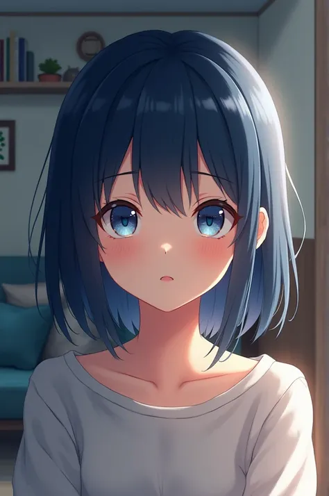 a girl with dark blue hair at shoulder height,  light blue eyes , expression would be, background of a living room,  anime style  