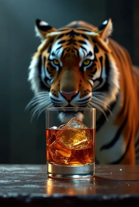 Alcohol glass with a tiger sitting behind dangerous
