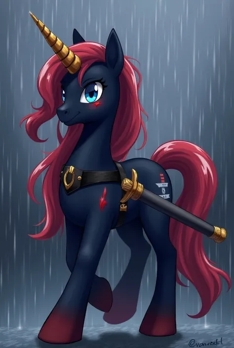 Alicorn, pony, male, sfw, blue eyes, Dark blue fur, red Long flowing mane, red tip feathers, scars on the left eye, navy admiral uniform, carrying a sword on belt, walking in the rain, side facing the viewer, thunder in the background.