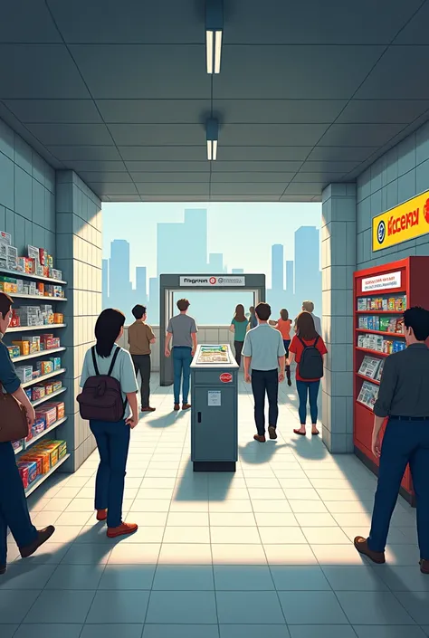 A picture of the inside of a subway station with a convenience store with newspapers, a locker on the opposite side, and a ticket gate on the front