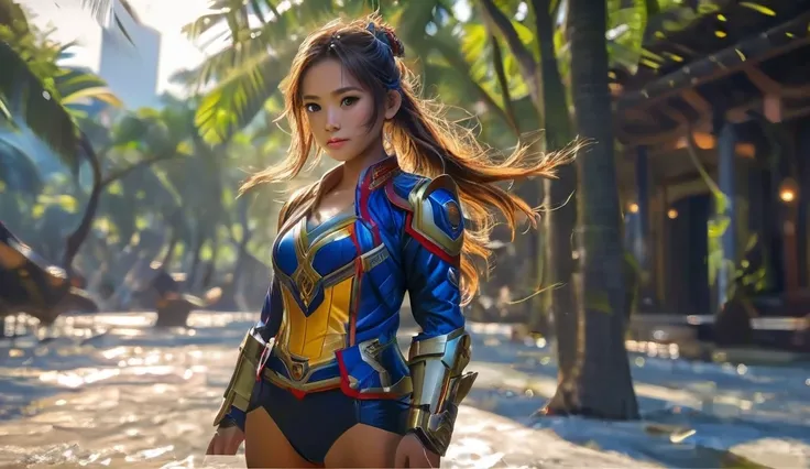 The heroine in battle armor blending modern tech with Indonesian patterns, walking into the Avengers base, her expression fierce.