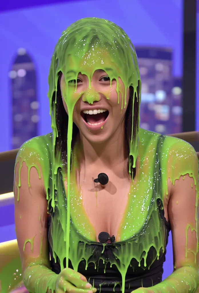 photograph taken with a leica camera of chinese girl covered in green slime. she is wearing black push-up bra . new york city sk...