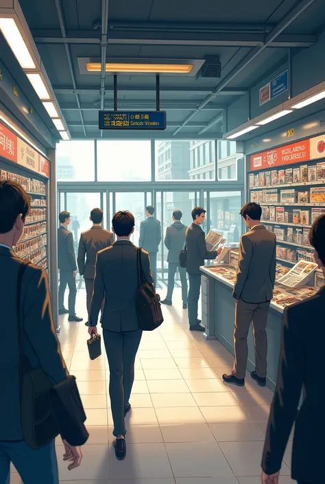 A picture of the inside of a subway station with a convenience store with newspapers on the right, a locker on the left, and a ticket gate on the front