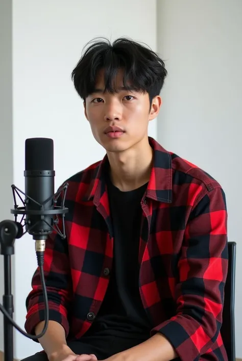 A 21 year old boy is sitting in a podcast with a mic. He is wearing a black and red checked shirt and has black hair against a white themed background. 