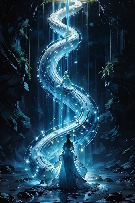  Bright, Blue-Green Forests 　 Sparkling Yellow, Red, and White Coins　 Coins and Flickering Lights 　White Serpent Ascending to the Sky 　The white snake shines white and gold