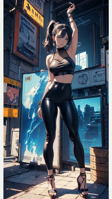 ((masterpiece, Highest quality)), (((whole body :1.5))), 32K Wallpapers, Very detailed,(((geometric cinematic movie Poster))) Outfit: A fitted mesh top that shows off a bralette underneath, paired with high-waisted faux leather pants.
Accessories: Complete...