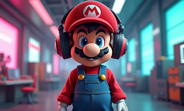 cute man wearing mario hat , Denim overalls, Red long-sleeved t-shirt ,cyberpunk background
hitech armor suit ,headphone 