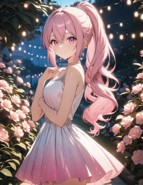 1girl, solo, Pink Shine Bright Hair, hair between eyes, Long hair, ponytail, (Pink shiny Bright Eyes),  Mesmerise, Little smile, closed mouth, (pale cheeks), (cowboy shot, half body), BREAK
(gradient dress), BREAK
outdoors, garden, evening, lights, Glitter...