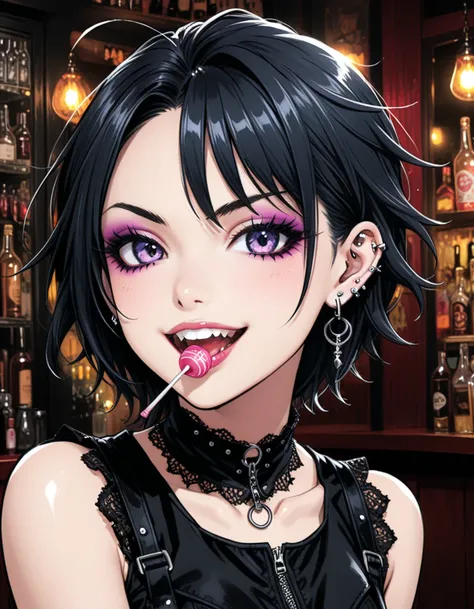 (in style of Takeshi Obata:0.9),(in style of Jillian Tamaki:0.9),
bar background,1 girl,gothic style,bonklers,lollipop candy into the mouth,close-up,(:d:1.4),(arm_around_waist:1.3),(waving:1.3),portrait,squinting,gothic girl with heavy makeup,(ear piercing...