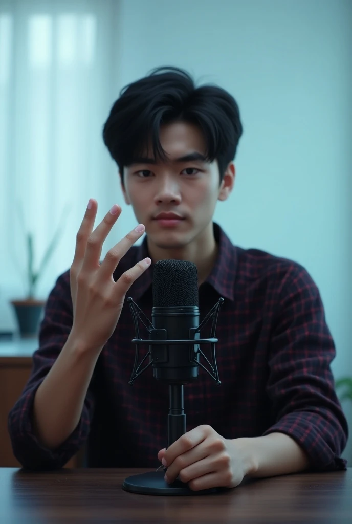 A 21 year old boy is sitting in a podcast with a mic. He is wearing a black and red checked shirt and has black hair against a white and light blue themed background. And his fingers cant be show