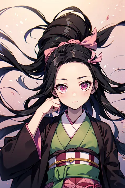 Kamado Nezuko,Demon Slayer series, Four broad heads,Pink Eyes,Pink kimono with green and black obi, Long black hair