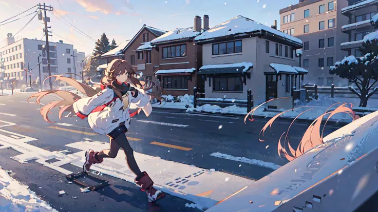 girl, adult, Medium chest, brown eyes,  Gradation Hair,  Head over snow ,  medium length hair , Running on the street , afternoon,  Trash on the sidewalk, masterpiece, absurdres, , high resolution, ,High quality, girl, adult, Medium chest, brown eyes,  Gra...