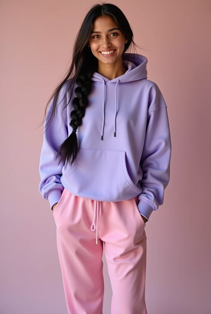 20 year Indian girl with pink baggy track pants and lavender hoddie with single long braid black hair full body photo 