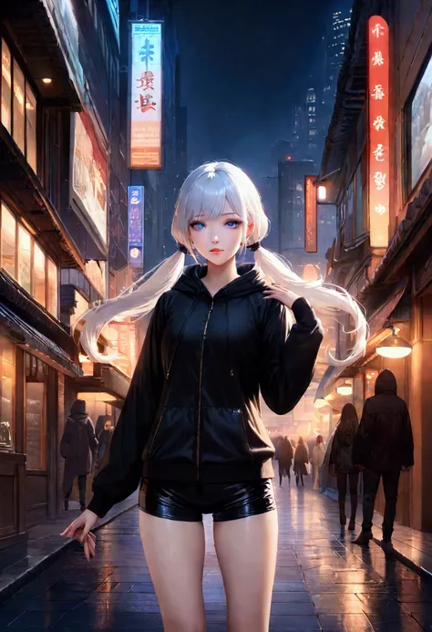 (High quality,  Top quality , 4K, 2 thousand, (complicated:1.1), ( high detail at hand:1.3)), (( Realistic background )), (Official Wallpaper , Calm lighting ),(Night city in Korea ),
1 woman, Alone, (female),  pigtails on both sides, White hair , (Blue ey...