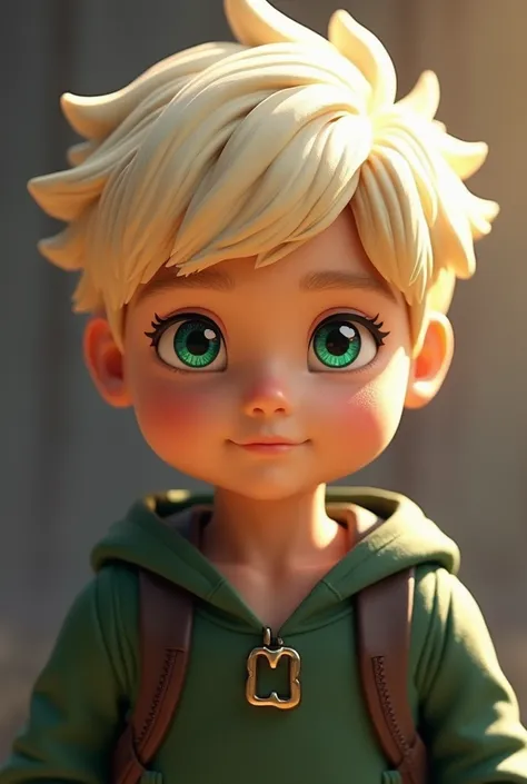 Create a boy with the same hair model as Lloyd Garmadons hair from Ninjago,platinum blonde hair,tanned white skin , green-eyed,1,65 tall,com baby face,he is . he is handsome 