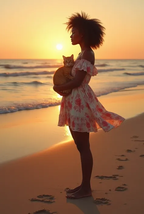 A black woman at the beach with  millicent and harry wtitten on the beach sand wearing a mini floral dress steering at the setting sun  with a ginger cat in her hand