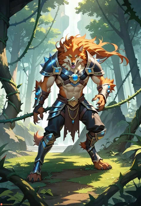 high quality, masterpiece, best detail, full-length, werewolf druid in black armor with golden feathers and leaves, hands shrouded in golden light, summons vines with thorns from the ground