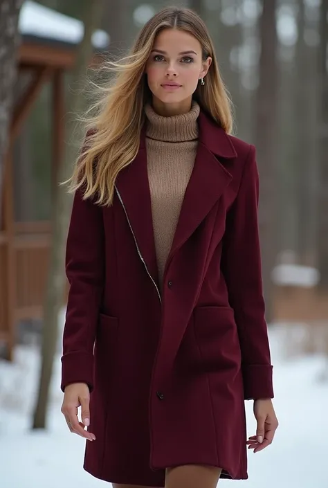 CREATE HD HIGH QUALITY RESOLUTIONS PICTURES B-ROLL OF LADY WEARING WINTER OUTFITS IN Burgundy Wrap Coat + Taupe Turtleneck + Soft Brown Leggings