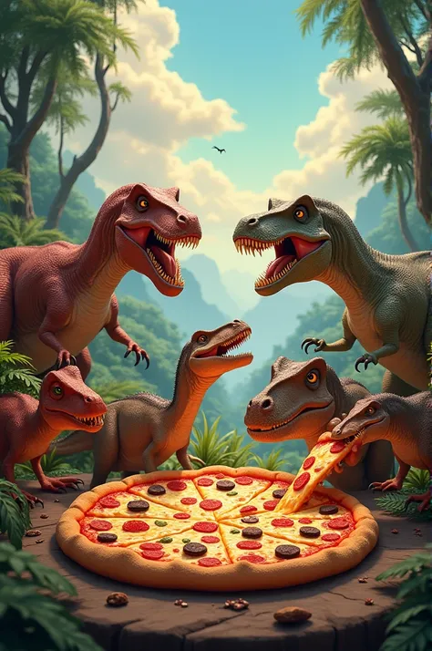 Dinosaurs eating pizza
