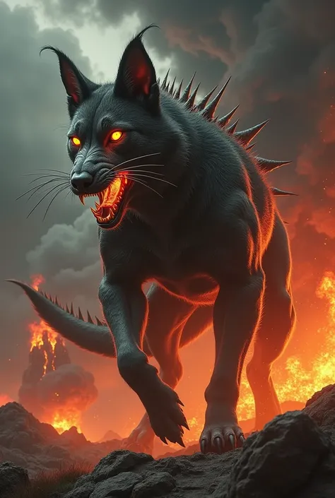 A monstrous hybrid creature that combines the ferocious features of a dog and a cat. It has the body structure of a dog with muscular legs, but its face blends feline and canine traits: sharp, elongated teeth, glowing eyes, and fur bristling along its spin...