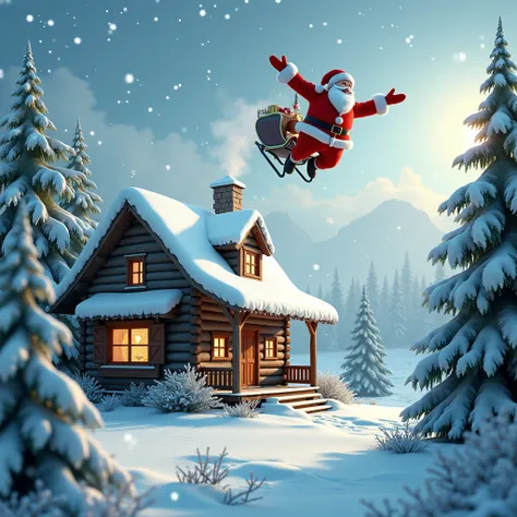 a christmas escene with cabin falling snow and santa claus in the sky