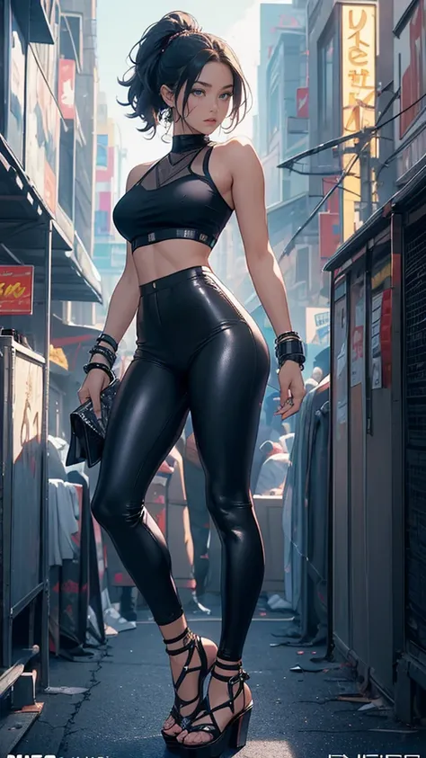 ((masterpiece, Highest quality)), (((whole body :1.5))), 32K, Very detailed,(((geometric cinematic movie Poster))) Outfit: A fitted mesh top that shows off a bralette underneath, paired with high-waisted faux leather pants.
Accessories: Complete the look w...