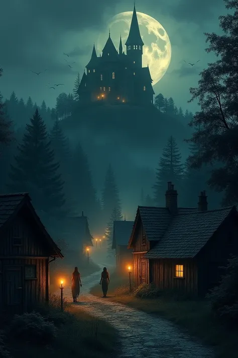 A small, eerie village surrounded by dense forests, illuminated faintly by a crescent moon. The houses are simple and old, with flickering lanterns casting long shadows. In the distance, atop a hill, a massive haunted mansion looms under the dark sky, its ...