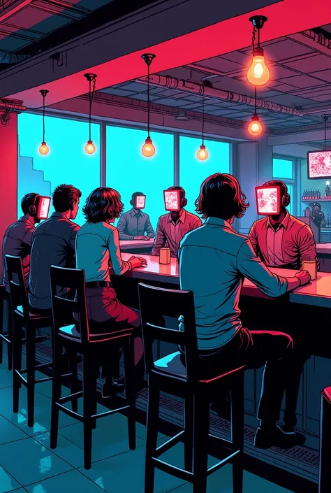 Make comic-style ,  pictures of people sitting in a bar and they have screens instead of faces
