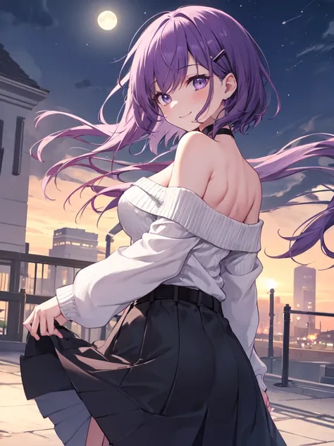  1 girl, solo, Purple Hair, Bob Hair, Beautiful breasts, medium breasts,black off-the-shoulder sweater, navy skirt that puts your butt on the ground,Black belt, black choker, hair clips,Slanted Eyes, Light purple eyes,  close your mouth, happiness/joy,  se...